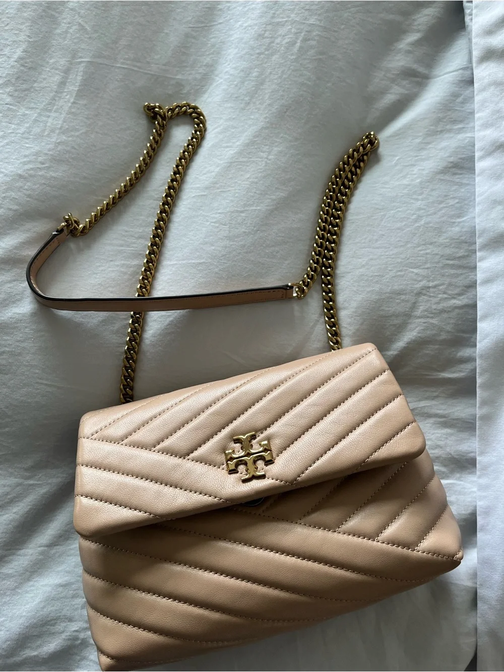 Tory Burch Quilted Chevron Shoulder Bag in Nude Beige with Gold Hardware